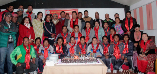 Nepali women's volleyball squads of South Asian Women's Volleyball Championship 2014, Kathmandu and Beach Volleyball Championship, Maldives honoured by National Sports Council (NSC) and Nepal Volleyball Association (NVA) on Wednesday, January 28, 2015. (Photo Courtesy: NSC)