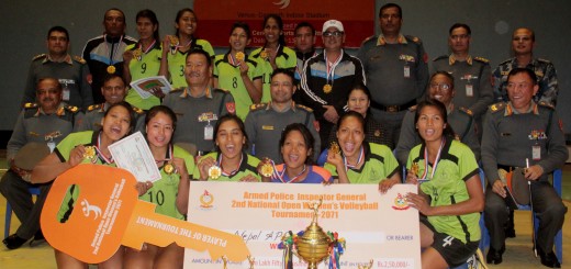 Armed Police Force (APF) Club along with officials with the title of the 2nd APF IG National Open Women’s Volleyball Tournament 2015 at National Sports Council (NSC) Covered Hall in Tripureshor, Kathmandu, on Tuesday, January 13, 2015. (Photo Courtesy: NSC)
