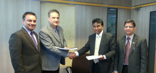 Siddhartha Bank Limited CEO Surender Bhandari and Head at CREF Secretariat Prithvi Gyawali sign a deal for Financial Management Mechanism amidst a function in Kathmandu on Wednesday, January 29, 2015.