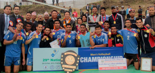 Nepal Police Club (NPC) team with the title of the Men’s National Volleyball Tournament in Pokhara on Wednesday, February 25, 2015. (NSC)